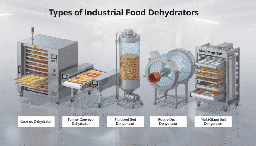 The image showcases various types of industrial food dehydrators, highlighting their innovative designs and features such as stainless steel construction and large tray sizes. These commercial food dehydrators are essential for efficient food processing, enabling businesses to produce dried fruits, jerky, and pet treats while preserving nutritional value and extending shelf life.