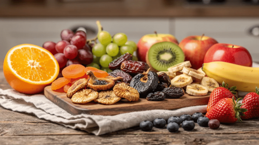 The image features a vibrant display of both dried and fresh fruits, showcasing an array of colors and textures. This assortment includes freeze dried fruits ideal for healthy backpacking meals, alongside fresh options that highlight the natural sweetness and juiciness of fruit, perfect for snacking on a camping trip.