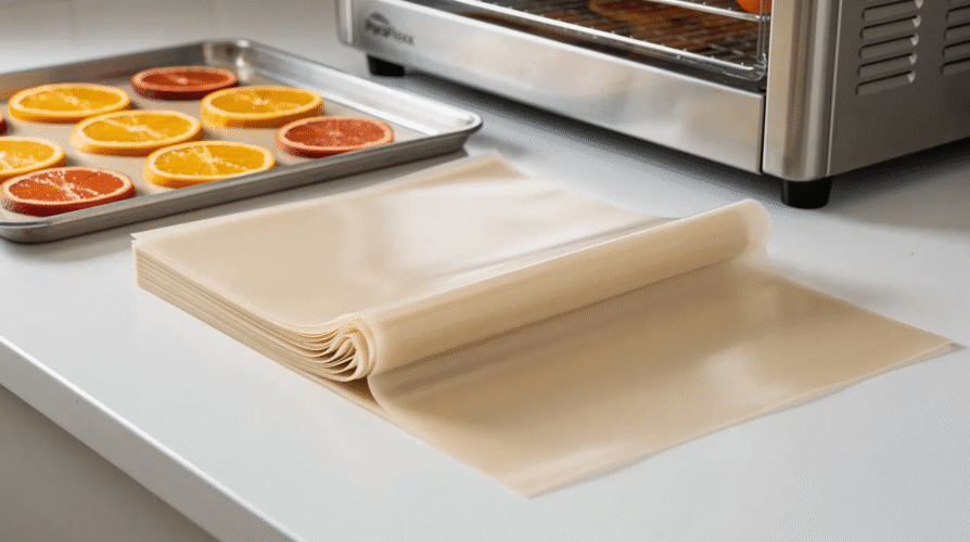 The image features a set of Paraflexx premium sheets designed for use with an Excalibur dehydrator, showcasing their non-stick surface ideal for making fruit roll-ups and leathers. The durable, brown sheets are easy to clean and perfect for dehydrating various food items, ensuring a hassle-free process for customers.