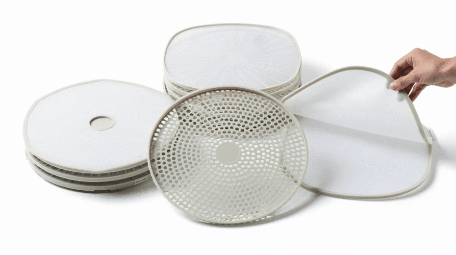 The image features a set of silicone dehydrator sheets designed to fit perfectly in food dehydrator trays, showcasing their flexibility and easy clean properties. These reusable mats protect the trays while dehydrating fruits, vegetables, and herbs, making the process of creating dried snacks like fruit leather and jerky more efficient and mess-free.