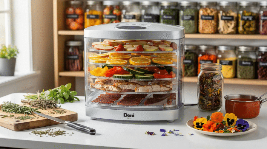 The image showcases a variety of dehydrated foods, including fruits, vegetables, and homemade jerky, all prepared using the Deni 7100 food dehydrator. This versatile appliance allows for easy drying of different ingredients, making it perfect for culinary enthusiasts looking to explore new recipes and ideas for preserving flavors.