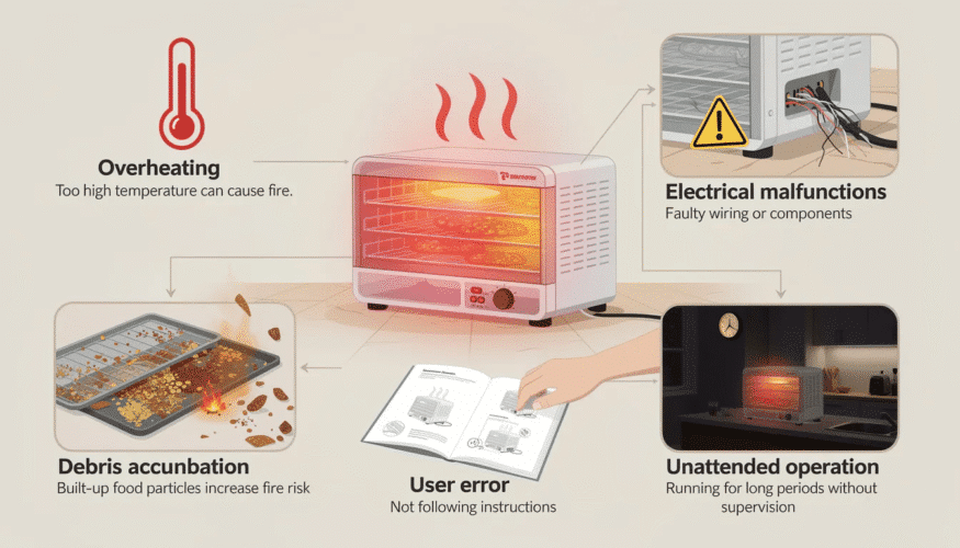 The image depicts a food dehydrator with warning signs highlighting fire hazards, including overheating, electrical malfunctions, and debris accumulation. It emphasizes the importance of following safety instructions to prevent incidents while dehydrating fruits and vegetables.