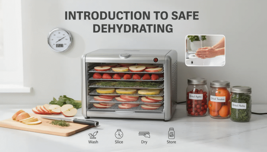 The image illustrates a kitchen setting featuring a food dehydrator with various dehydrator trays filled with fruits and vegetables, emphasizing the importance of safety in dehydrating food. It highlights the risk of fire hazards associated with recalled food dehydrators and encourages consumers to follow instructions carefully to avoid property damage.