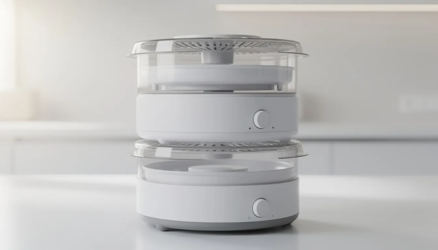 The image shows a compact, stackable food dehydrator in a round shape, predominantly white, designed for countertop use. It features a transparent, vented lid on top, allowing visibility of the trays inside, which can be used to preserve fruits, vegetables, and herbs without additives.