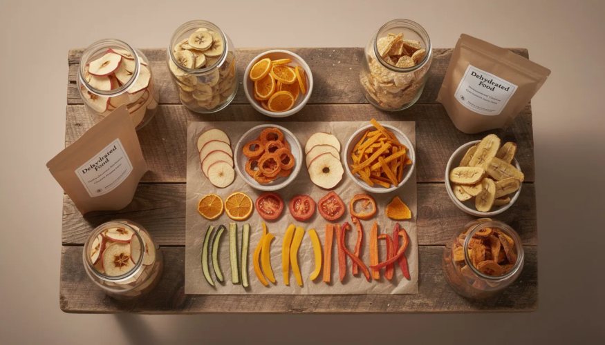 The image shows an assortment of dehydrated foods, including fruits, vegetables, and vacuum sealed meat, all arranged in plastic bags and mason jars, emphasizing their long shelf life and storage benefits. These shelf-stable items are ready for cooking and can easily be rehydrated with boiling water, making them a practical choice for food storage.