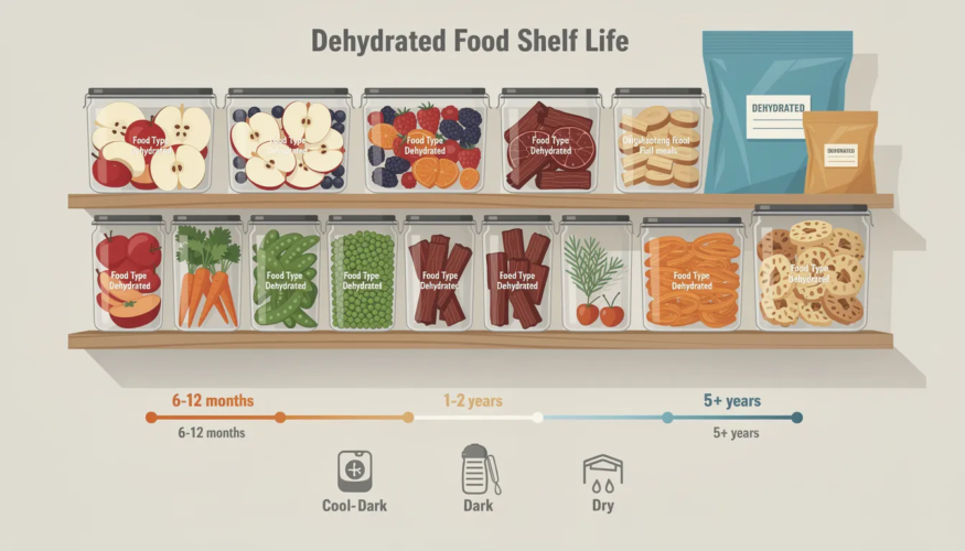 The image displays a neatly organized shelf filled with various types of dehydrated foods, including vacuum sealed meat, dried fruits, and vegetables stored in mylar bags and mason jars. This setup highlights the long shelf life and nutritional value of dehydrated meals, emphasizing effective food storage techniques to maintain quality and flavor.