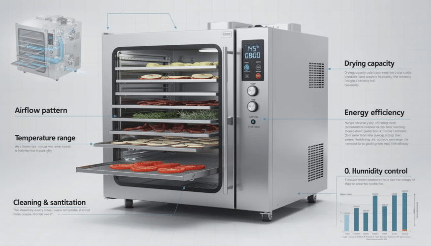 The image depicts a commercial food dehydrator designed for efficient food processing, showcasing its stainless steel exterior and multiple tray sizes for drying fruits, vegetables, and meats like jerky. This innovative design ensures consistent results in the dehydration process while preserving the nutritional value of the food and enhancing its shelf life.