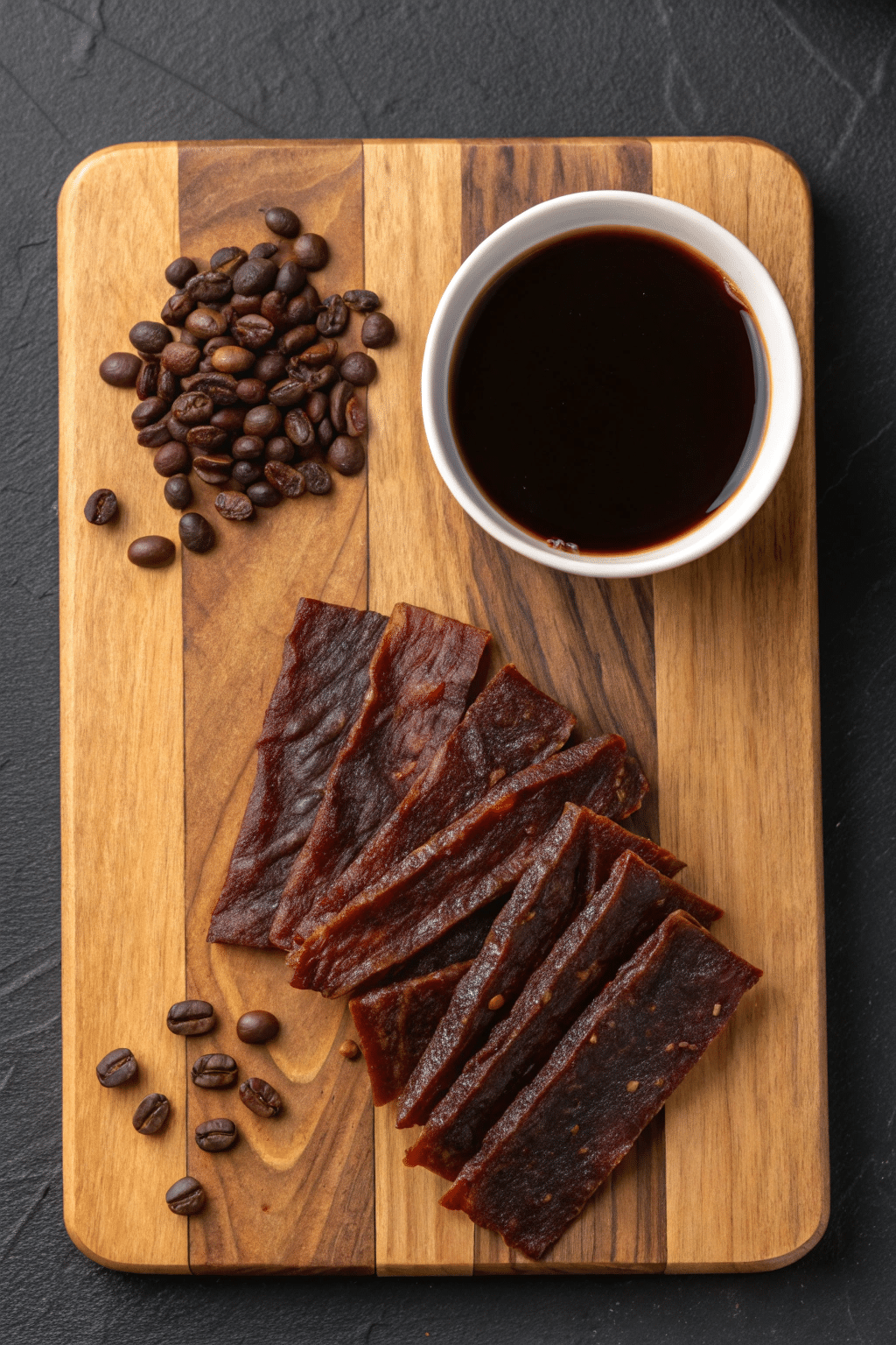 A photograph featuring a culinary setup with a wooden cutting board as the central focus. The cutting board is medium-sized with a rich, warm brown wood grain pattern. Roasted coffee beans are scattered around the cutting board, a small white bowl with a dark liquid, and dried, dark brown beef jerky-style snack. The photograph has a close-up style, focusing on the textures and colors of the ingredients. The lighting is warm and focused.