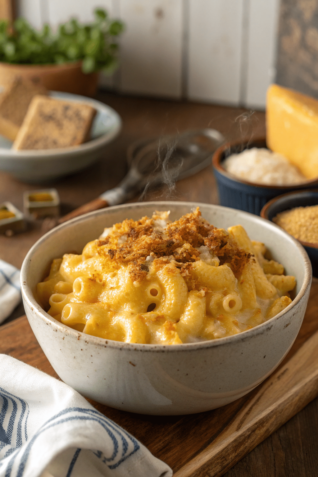 A photo of a bowl of macaroni and cheese with a golden-browned topping, presented on a wooden table. The dish is served in a white bowl with some staining, and the toppings have a slightly smoky appearance. The background includes a partially visible potted plant, a piece of bread, and a partially visible wooden cutting board with a cloth partially draped over it. The overall setting has a rustic, homey feel.