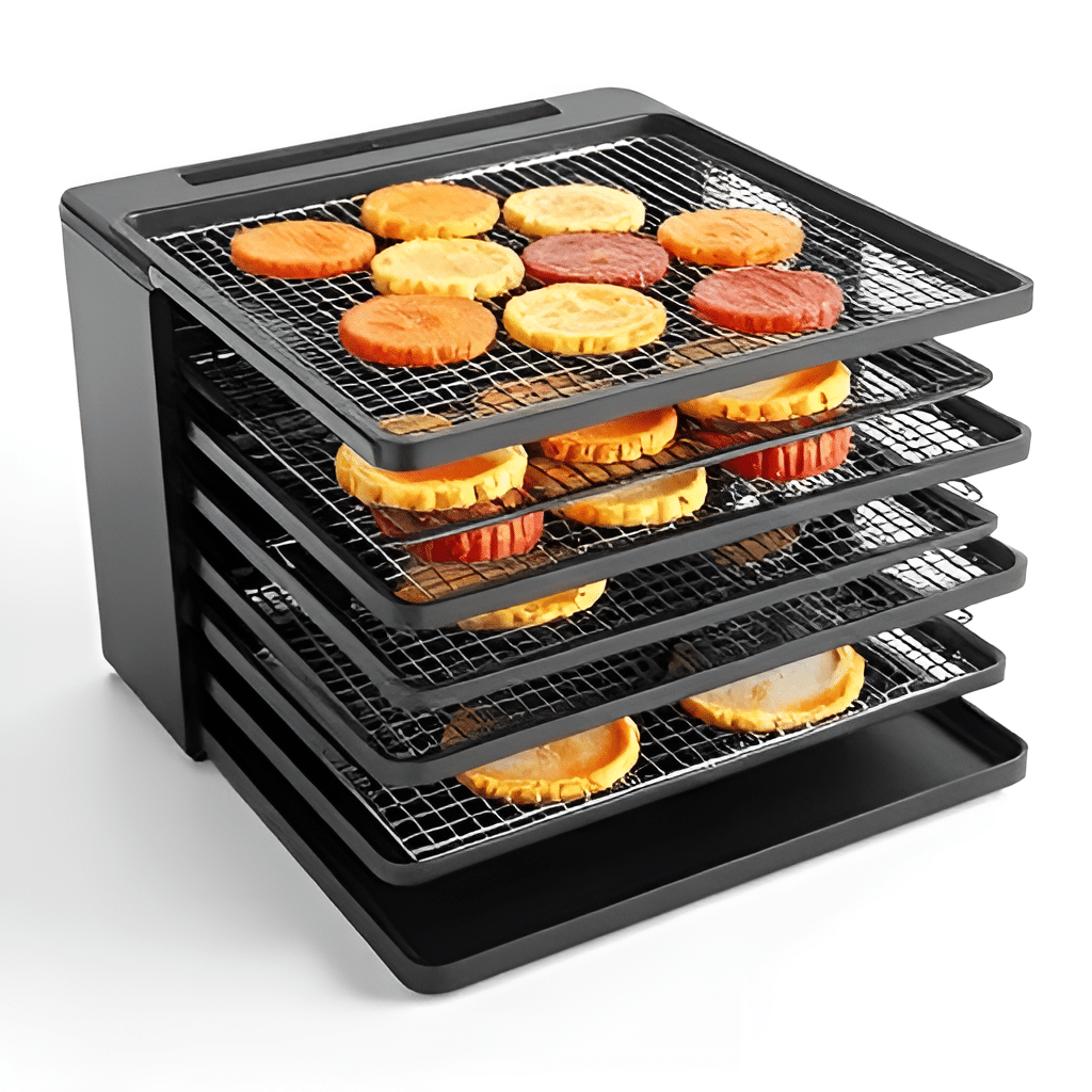 dehydrator trays with food.