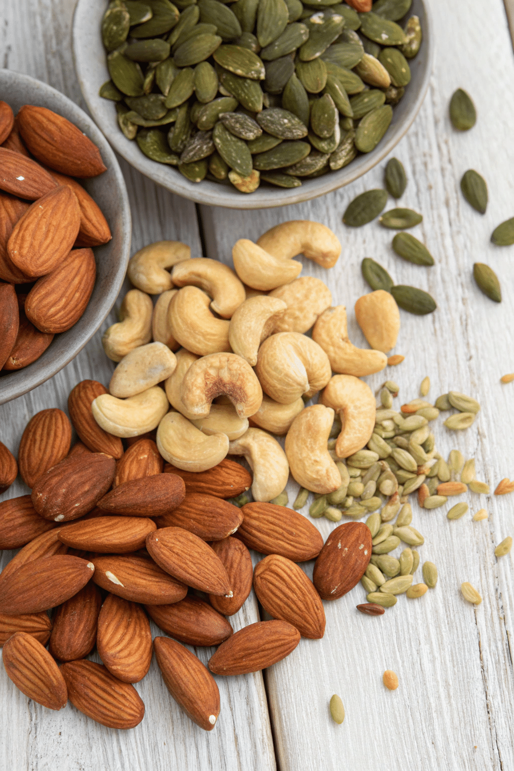 A still life photograph featuring a rustic wooden surface with a variety of nuts and seeds. The nuts and seeds are spread out in piles, with some contained in bowls and others scattered around. The nuts include almonds and a type of seed with a distinctive greenish-brown color. The photograph is taken from a high angle, focusing on the nuts and seeds. The style of the image is a high-resolution, naturalistic photograph with a focus on textures and colors.