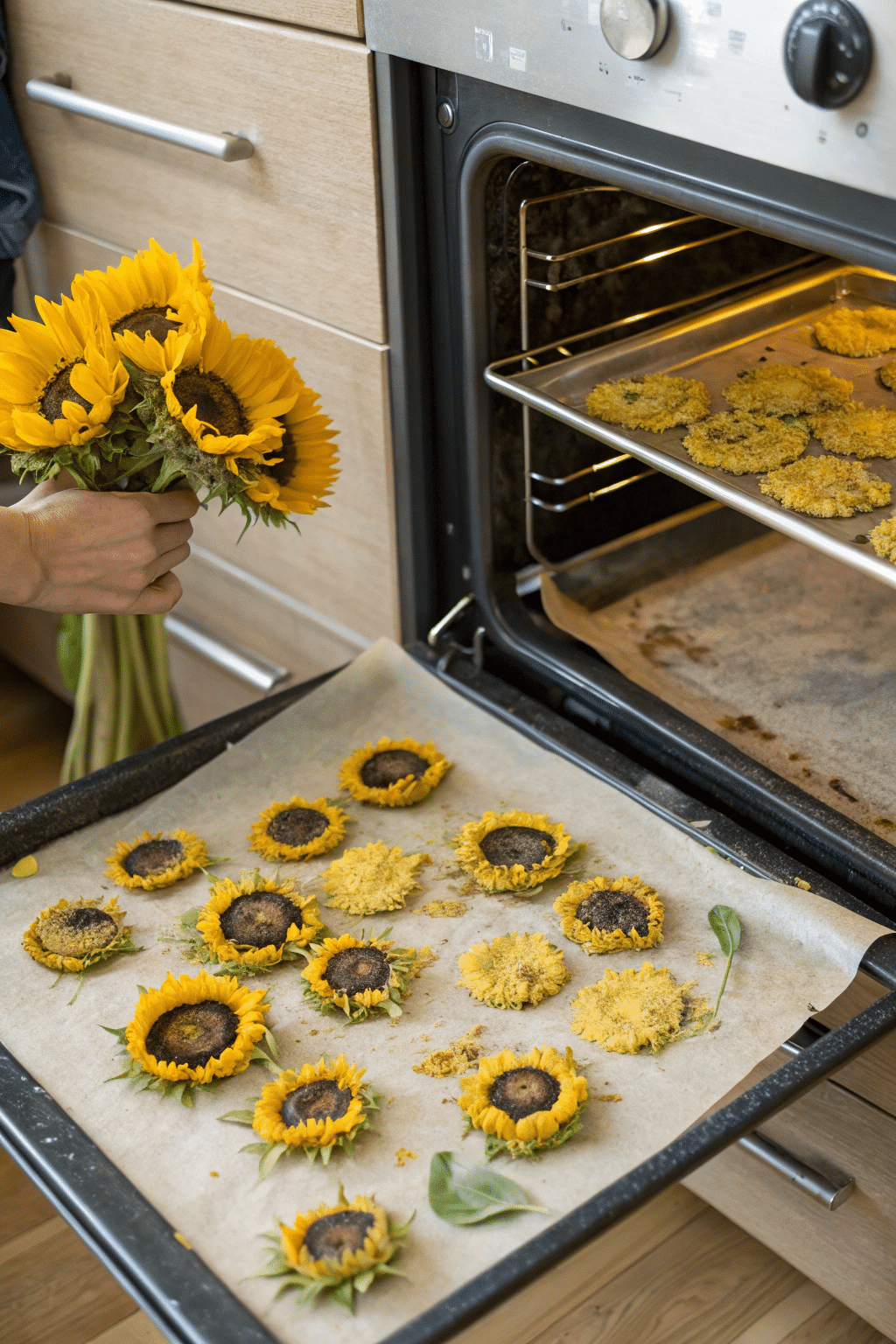 Sunflower heads placed on a baking sheet in a single layer, ready to be dried in the oven. The oven is set to a low temperature to ensure even drying.