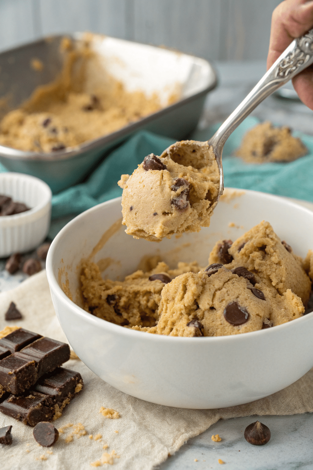 A photo of a culinary scene featuring a freshly made cookie dough ice cream mixture being scooped out of a white bowl on a table. The dough is a mixture of brown hues with chocolate chips dispersed throughout. The background shows a partially used baking pan and a tablecloth with crumbs. Chocolate pieces are scattered around the bowl. The image is a close-up, high-resolution photograph with a focus on the textures and details of the ice cream and the ingredients.