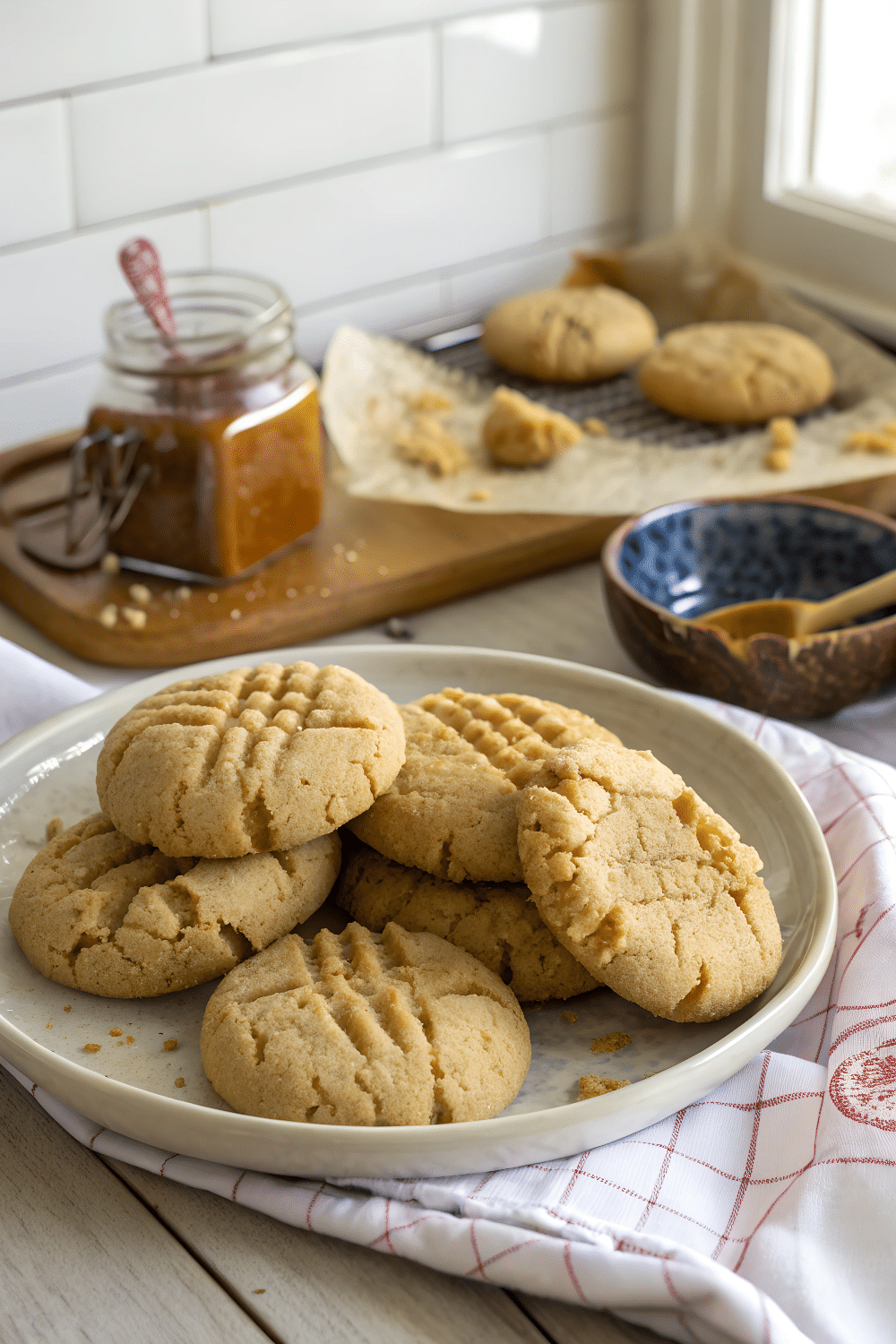 A photo of a culinary scene featuring freshly baked cookies on a plate. The cookies have a golden-brown crust and a crisscrossed texture on the surface. The plate is resting on a checkered cloth with a combination of red and white patterns. In the background, there is a tray with additional cookies cooling down on a wire rack and a jar of syrup with a decorative red-tipped lid. The setting is a kitchen with a bright, natural light source coming from a window.