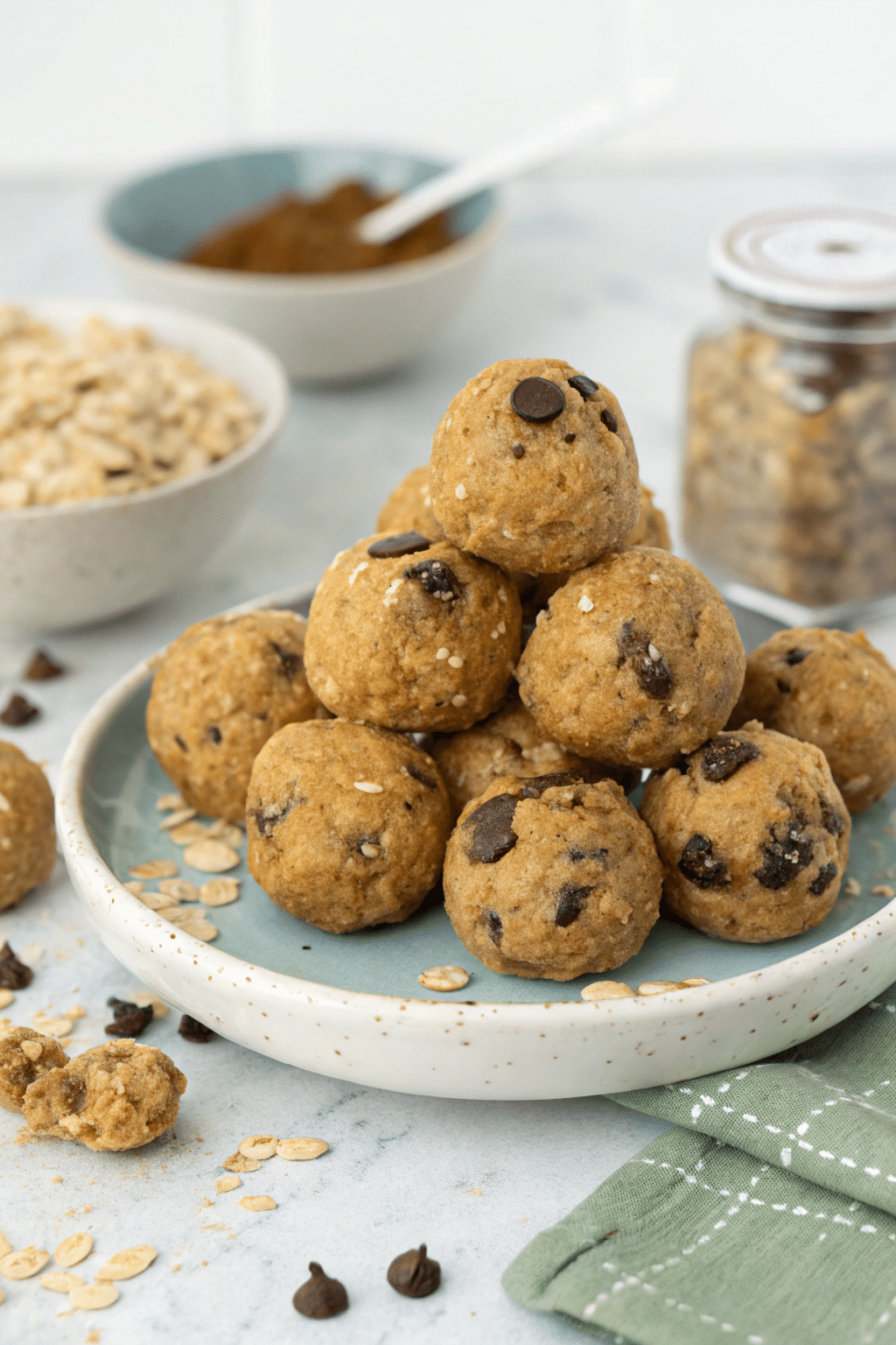 A photo of a culinary scene featuring a plate of peanut butter snack bites made with oats and chocolate chips, placed on a marble countertop. The bites have a brown color and a textured appearance, with chocolate chips embedded within. The snack bites are piled together on a plate, with some scattered around the plate. Ingredients such as oats and chocolate are visible in bowls and a jar in the background. The background is a light, neutral color.