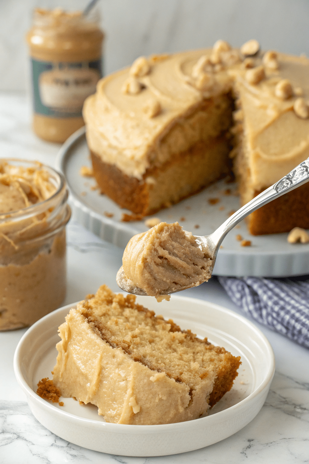A photo of a delightful dessert scene featuring a slice of cake with a creamy, peanut-based topping being lifted onto a white plate. The cake is richly layered and topped with a smooth, caramel-colored peanut-based frosting and garnished with whole nuts. In the background, there is a jar of peanut butter and a larger cake on a serving tray. The table has a checkered cloth partially visible. The image is a close-up, high-resolution photograph.