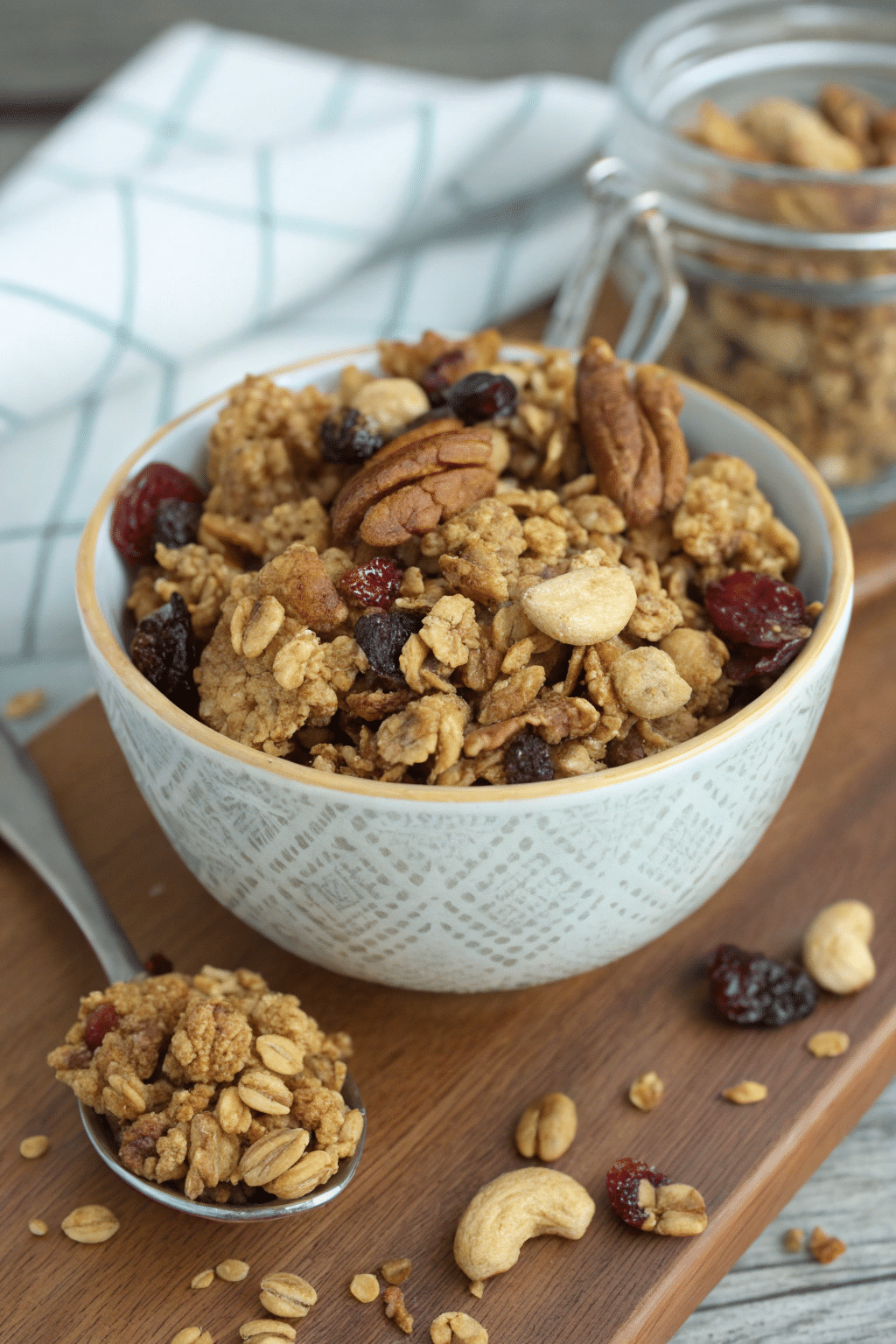 A photo of a breakfast scene featuring a bowl of oatmeal with granola, raisins, and walnuts on a wooden surface. The background is softened by a textured, checkered fabric. The composition is a close-up shot emphasizing the textures and colors of the ingredients. The oatmeal is light brown, raisins are dark and plump, and the walnuts are a rich, earthy brown. The image style is a high-resolution, naturalistic photograph.
