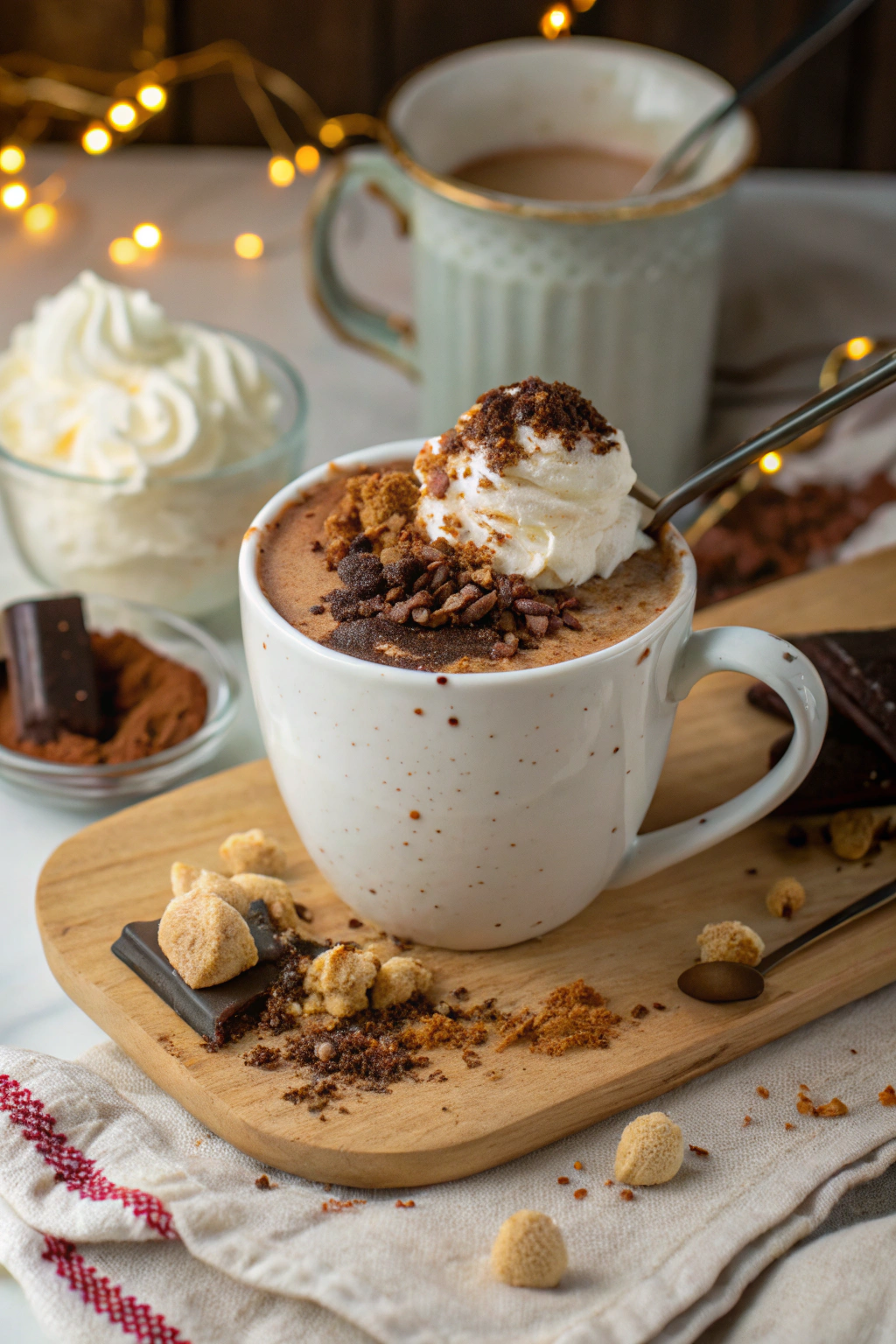A photo of a cozy setting with a cup of hot chocolate on a wooden cutting board. The hot chocolate is topped with whipped cream and chocolate shavings, and there is a whipped cream dollop on the top. The cutting board is situated on a table, and the table is adorned with various food items and a warm ambiance created by soft string lights. The background has a soft, warm lighting and the style is a close-up, high-resolution photograph.