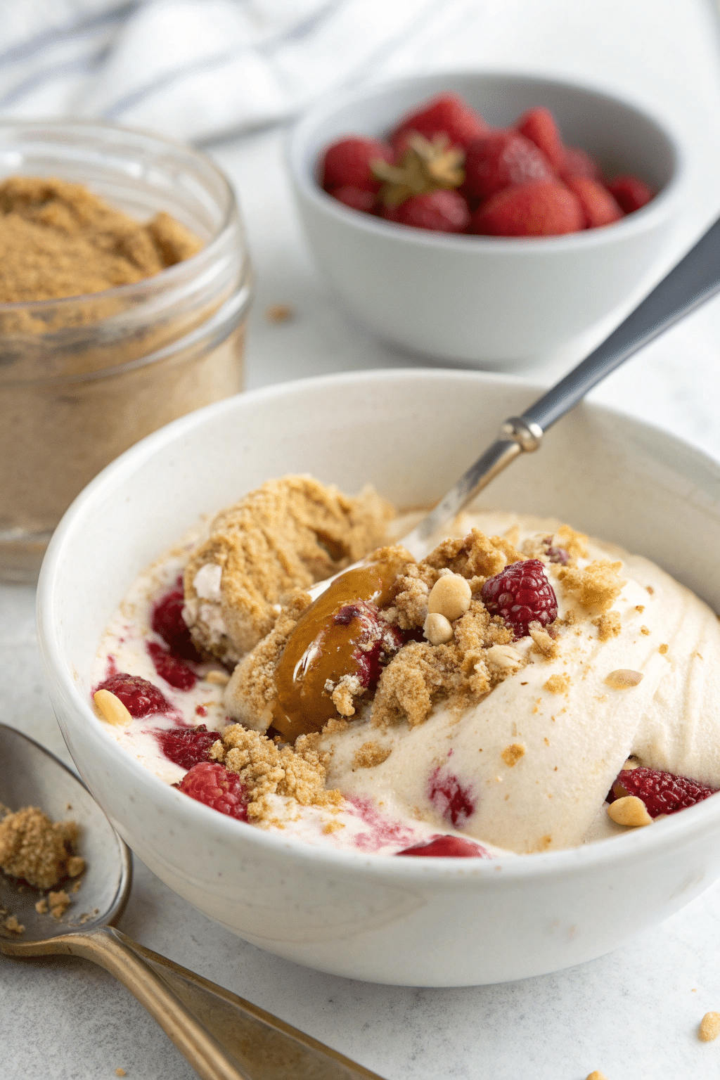 A photo of a dessert dish featuring a creamy, light-colored ice cream base with a peanut butter crumbled topping, fresh red raspberries, and a spoon partially submerged. The bowl is white and the dessert is served in a close-up shot on a white surface. Additional ingredients and preparation tools are visible in the background. The overall style of the image is a high-resolution, close-up photograph with a focus on the textures and colors of the ingredients.