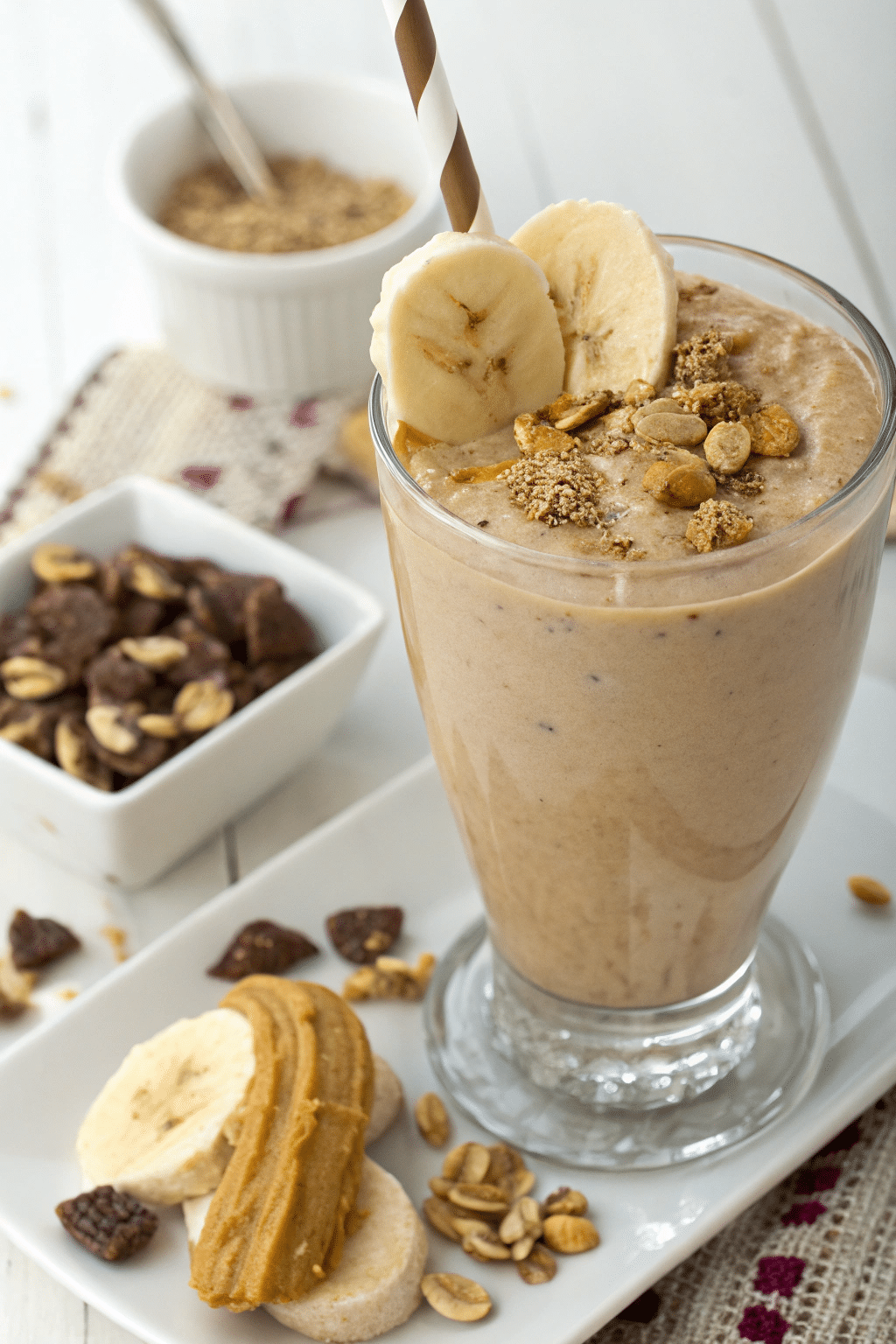 A photo of a delicious blended beverage with a creamy, nutty texture, topped with banana slices and nuts. The glass cup is tall and contains the creamy mixture, with a brown and white striped straw sticking out. The snack items are scattered around the plate, including chocolate-covered nuts, whole and sliced almonds, and a piece of banana on a pastry-like snack. The background is a soft, light wooden surface with a textured placemat.