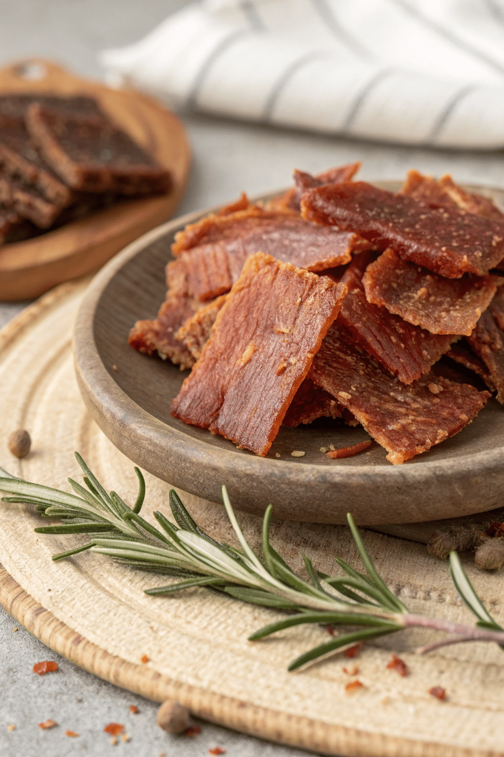A pile of finished turkey jerky pieces, showcasing their leathery texture and rich color, placed on a rustic plate with a sprig of rosemary for garnish.