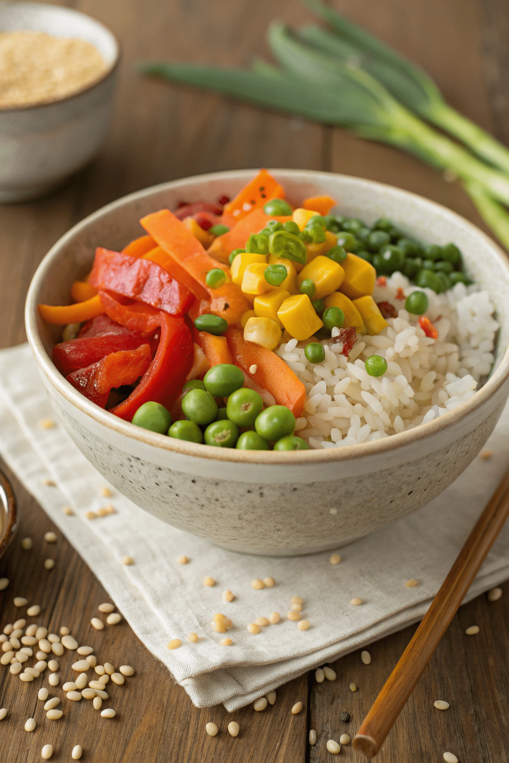 A photo of a bowl of rice with a variety of colorful vegetables and peas. The bowl is placed on a wooden table, and there is a white cloth mat underneath. Sesame seeds are scattered around the table. The bowl contains white rice, and the vegetables include sliced red peppers, carrots, peas, and corn kernels. The colors of the ingredients are vivid, with the red of the peppers, the orange of the carrots, the green of the peas, and the yellow of the corn kernels standing out.
