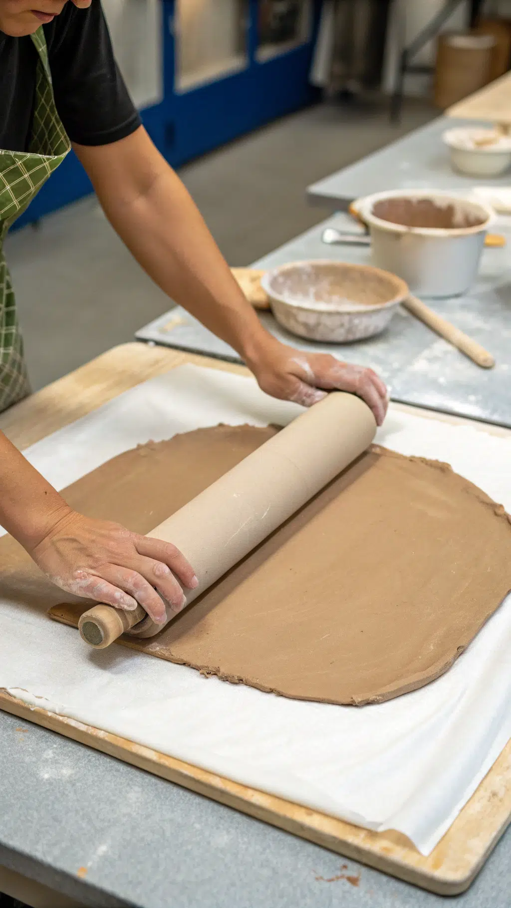 A person using a rolling to roll clay