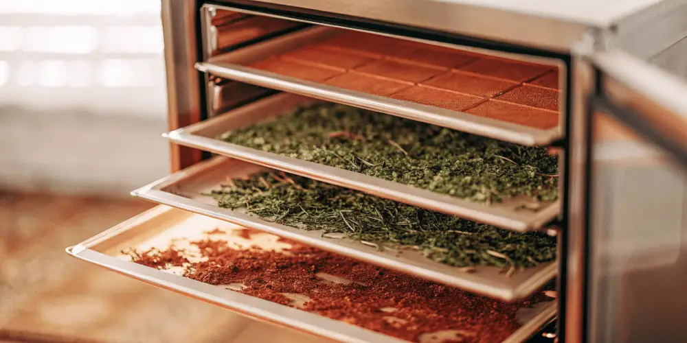 sleek food dehydrator with herbs in trays