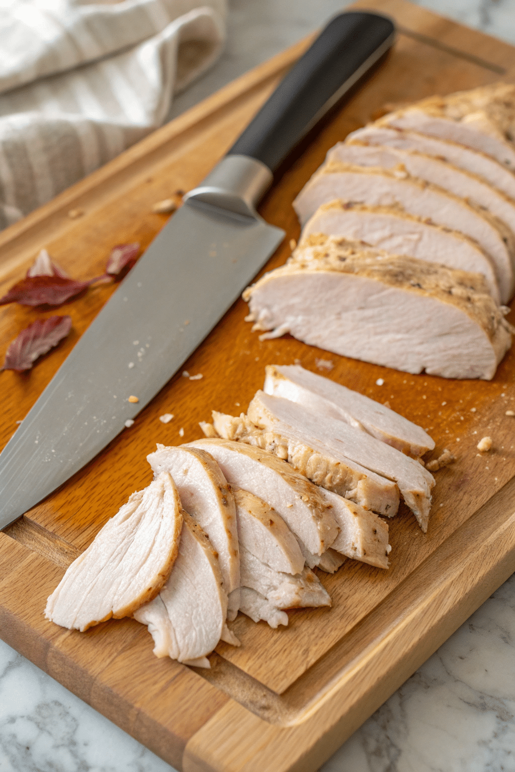 A neatly arranged set of thinly sliced turkey pieces on a cutting board, with a sharp knife beside them, ready for marinating.