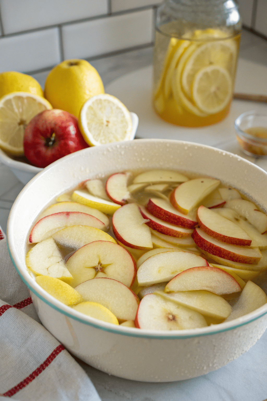 A bowl filled with apple slices soaking in a lemon juice solution, illustrating the step to prevent browning before dehydration.