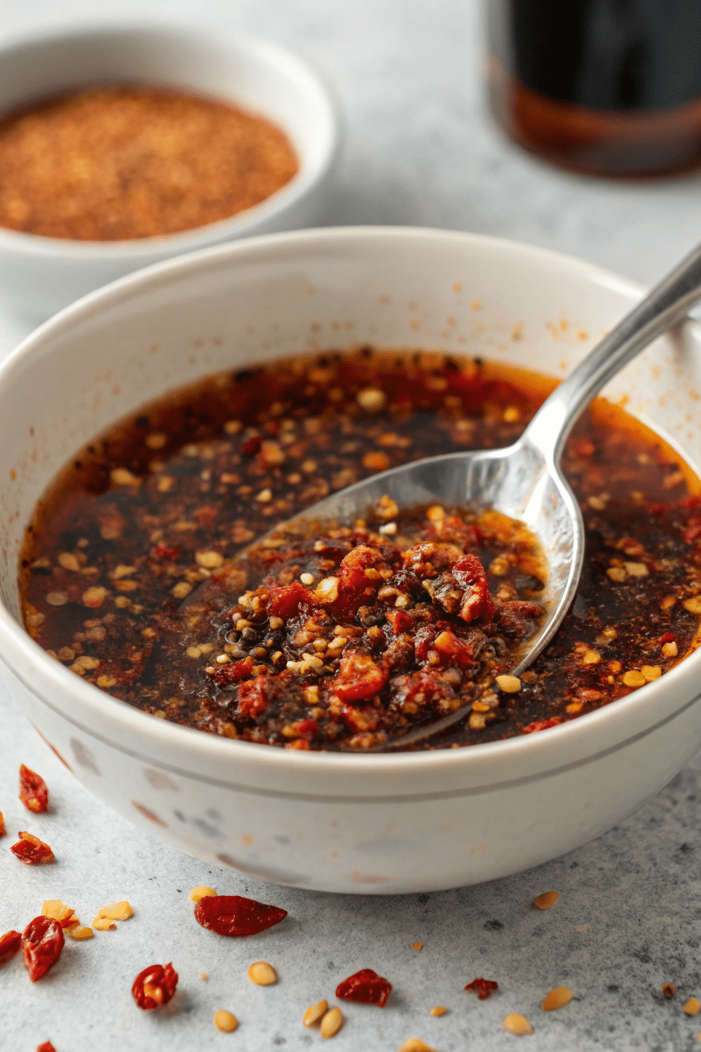 A close-up shot of a bowl filled with a spicy marinade mixture, featuring crushed red pepper flakes, Sriracha chili sauce, soy sauce, and honey, with a spoon resting on the side.