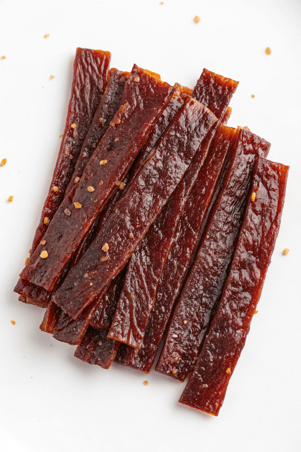 A photo of a pile of dark, glossy strips of dried, spicy beef jerky. The strips are irregular in shape and have a rich, brownish-red hue, with seasonings sprinkled on top. The jerky is arranged in a somewhat haphazard manner, with some pieces overlapping. The background is a stark white, providing a contrast to the deep color of the jerky. The image is a close-up, high-resolution photograph.