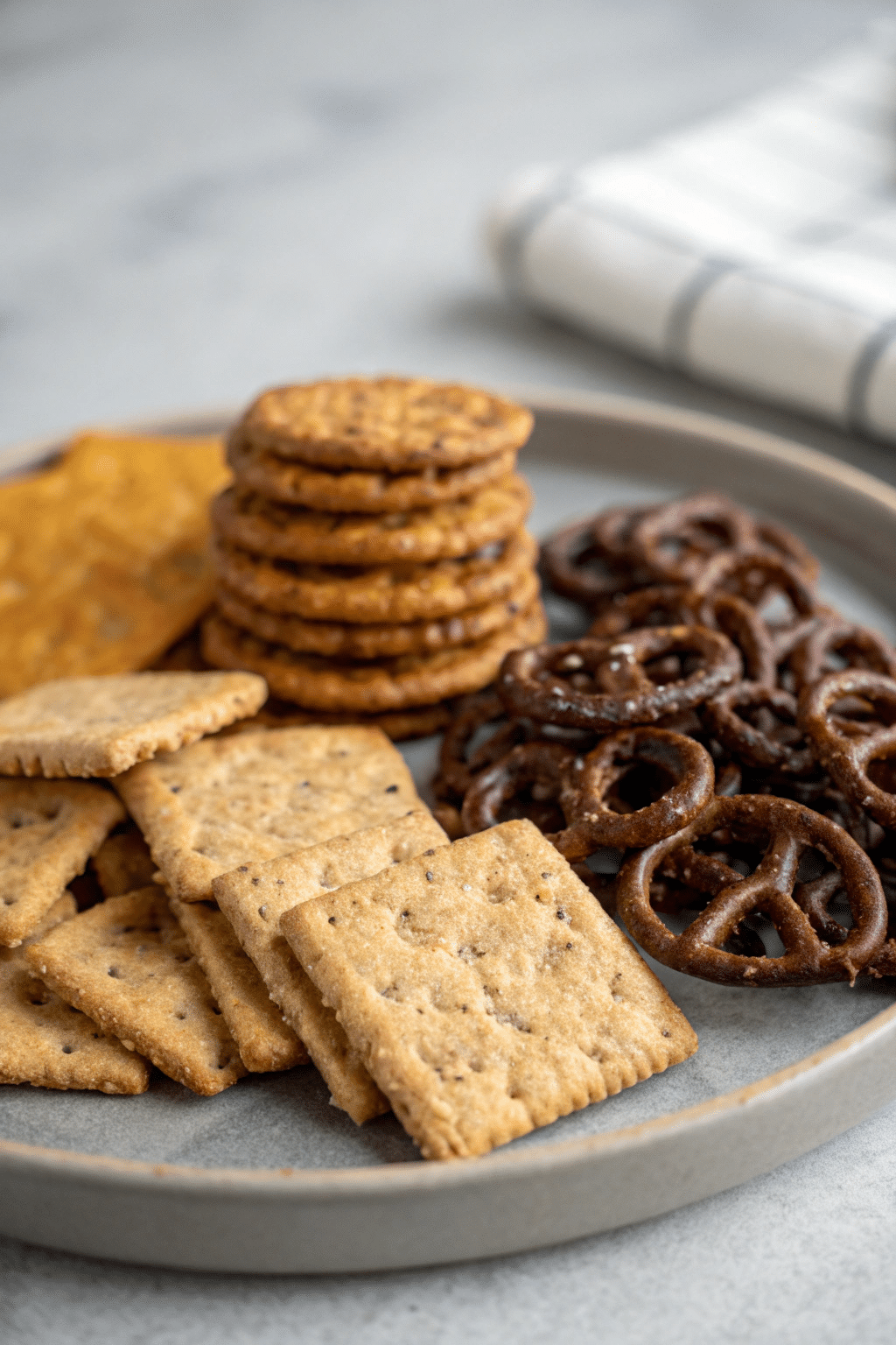 A photo of a variety of snack items arranged on a gray plate. The plate contains a pile of golden-brown crackers, a stack of similar crackers, a pile of dark, twisted pretzel-like snacks, and a blurred background featuring a partially visible white and gray striped cloth. The image is a high-resolution photograph with a focus on the snacks, showcasing the textures and colors of the different snacks. The lighting is soft and diffused.
