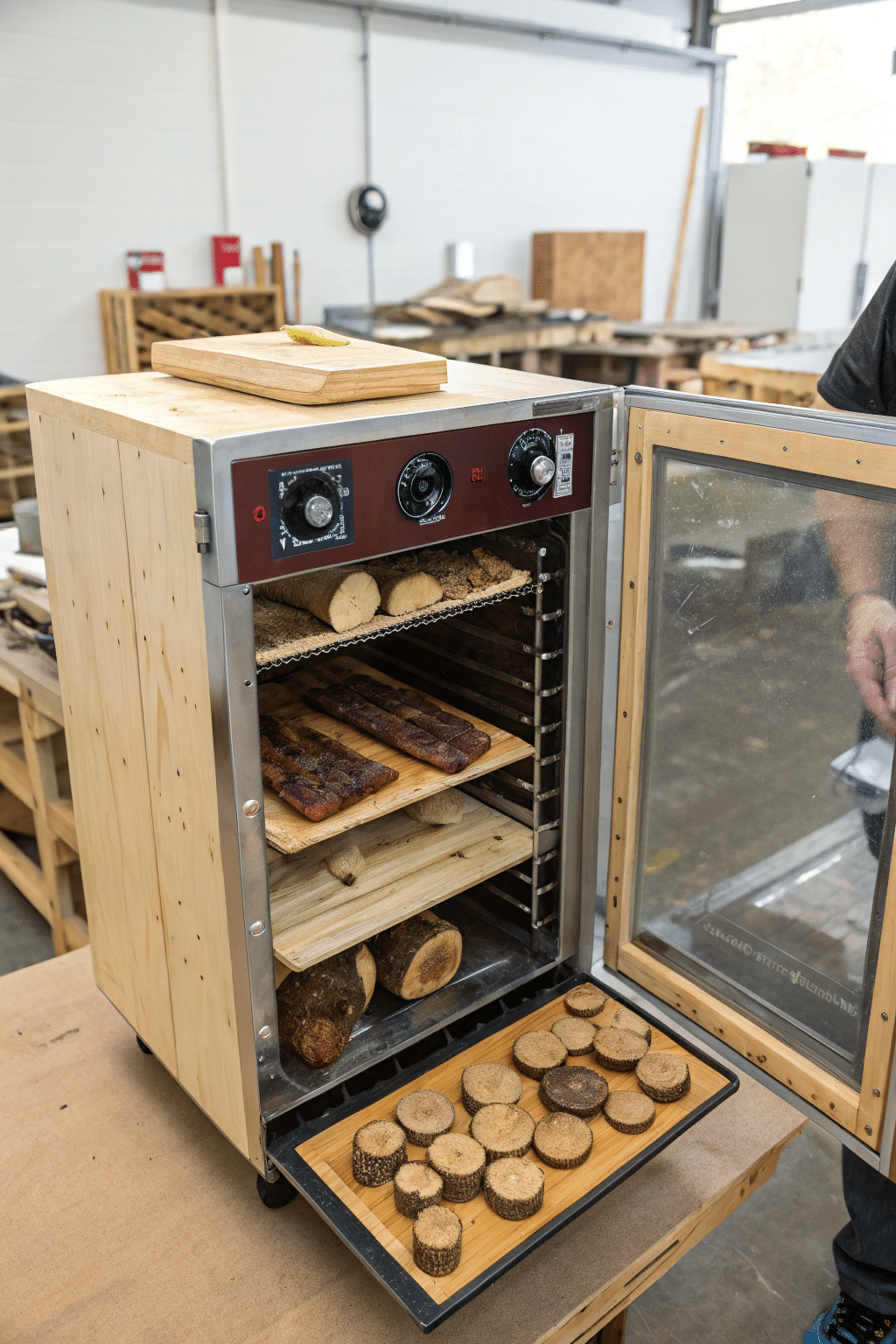A wood dehydrator with a transparent door, showing various pieces of wood inside being dried. The dehydrator is equipped with adjustable controls for heat and humidity, highlighting its functionality.