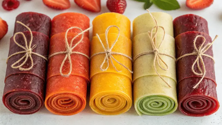 Assortment of fruit rollups on a clean background.