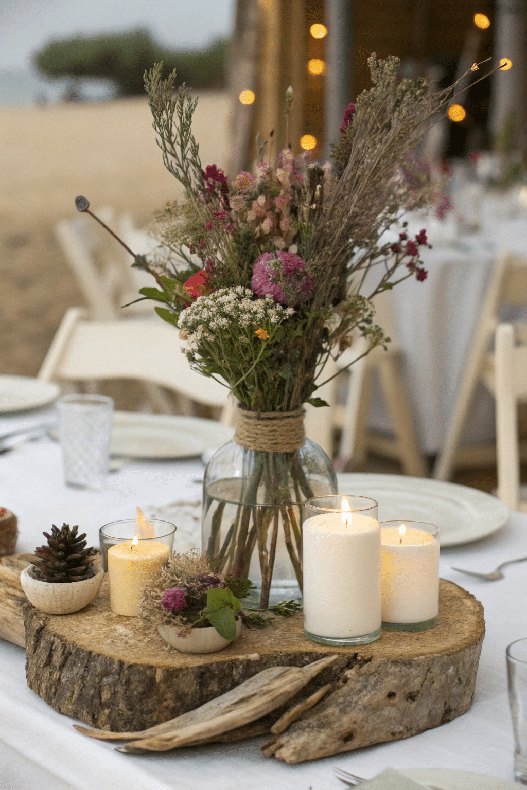 A compact arrangement of dried flowers in a vase, mixed with candles and driftwood on a dining table. This setup creates a warm and inviting atmosphere, perfect for any gathering.