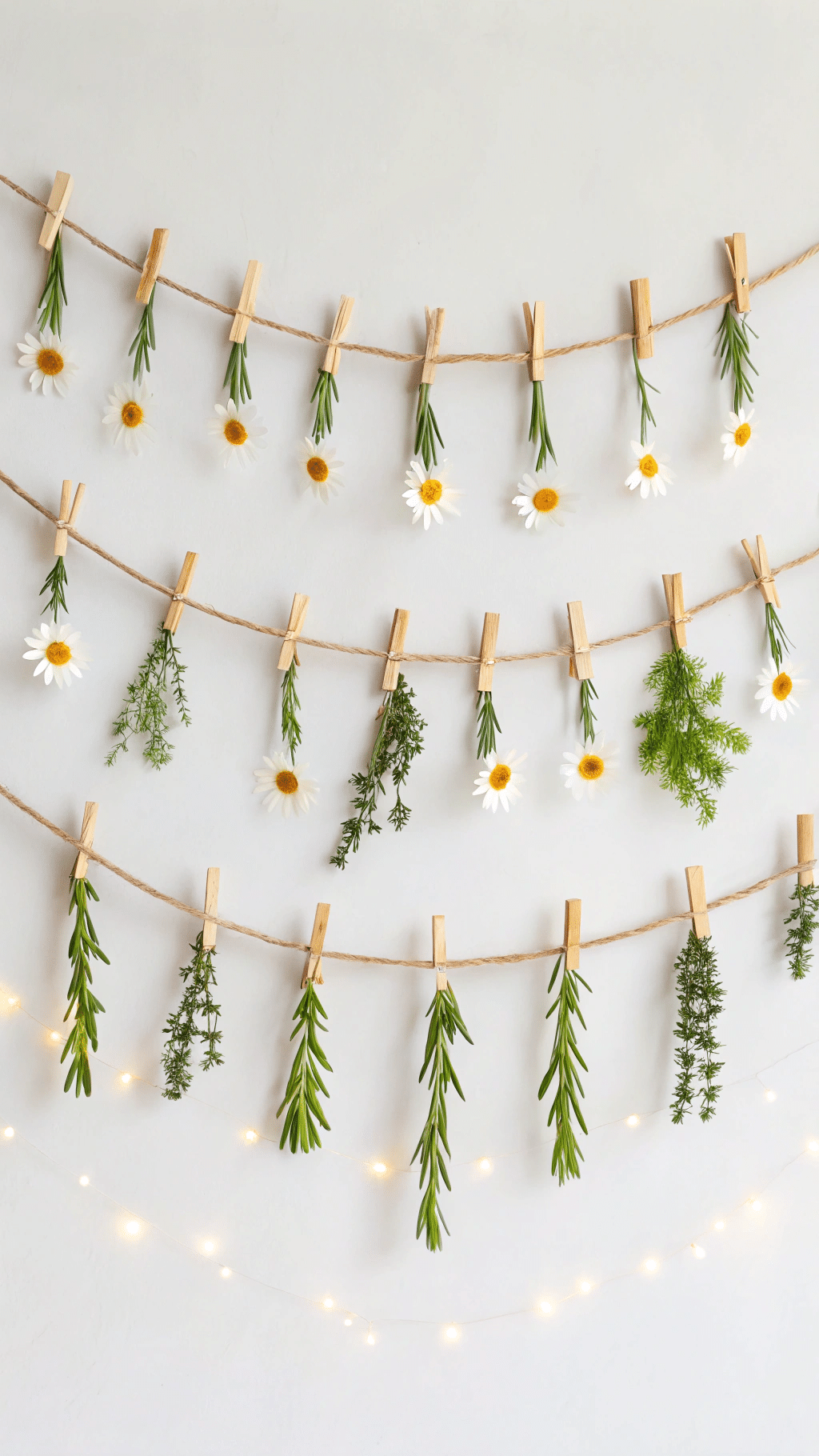 A playful display of herbs and flowers hanging from a twine garland. Using mini wooden clothespins, delicate sprigs of rosemary, thyme, and daisies are clipped to the twine, which is stretched diagonally across a blank white wall. The flowers and greenery are spaced out in an alternating fashion, creating an airy and whimsical feel. Small fairy lights woven along the garland add a magical, glowing effect.