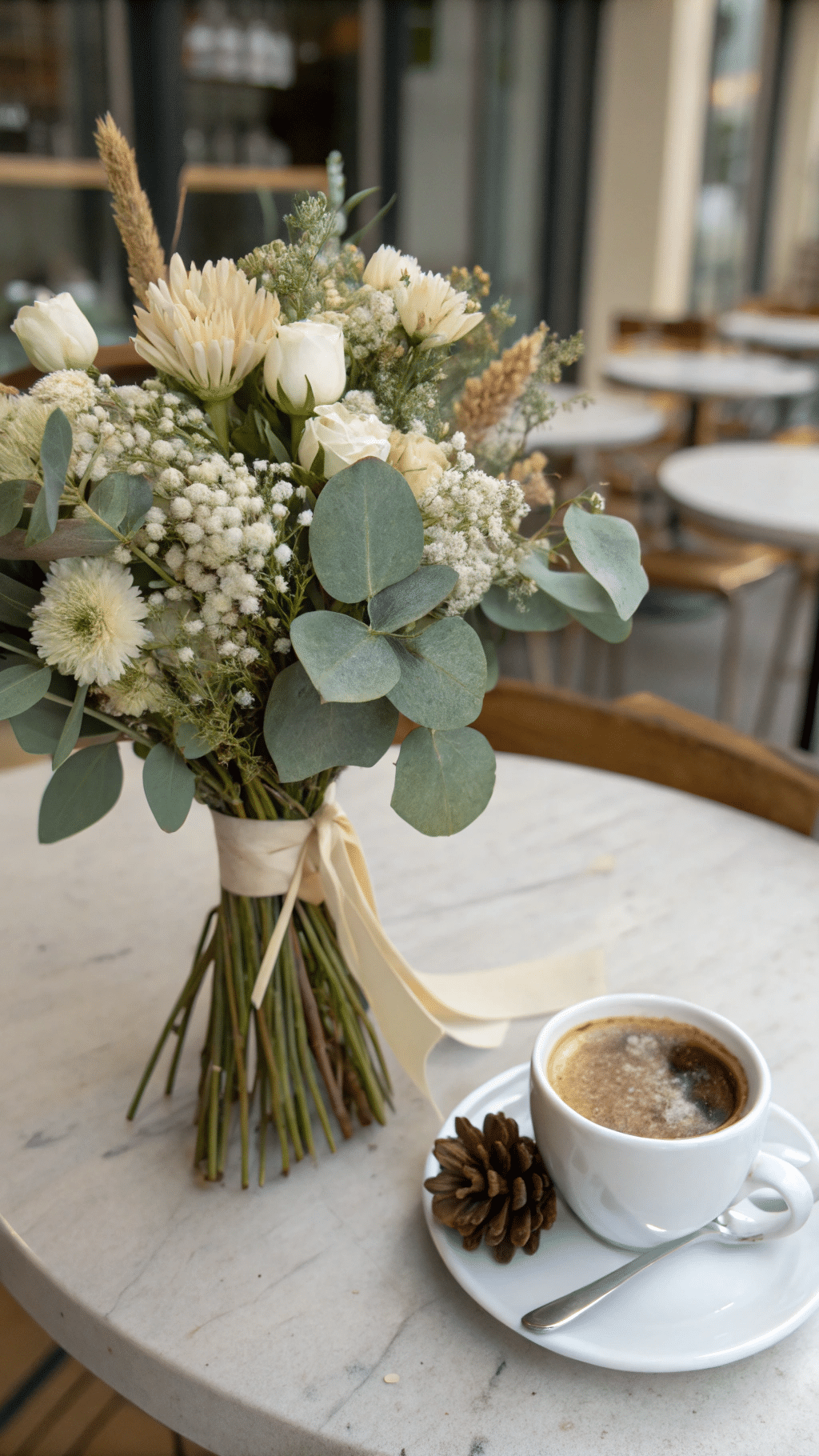 A small, elegant dried flower arrangement with white and beige flowers, accented by green eucalyptus. The flowers are placed in a simple vase, adorned with a skinny ribbon, perfect for a coffee table.