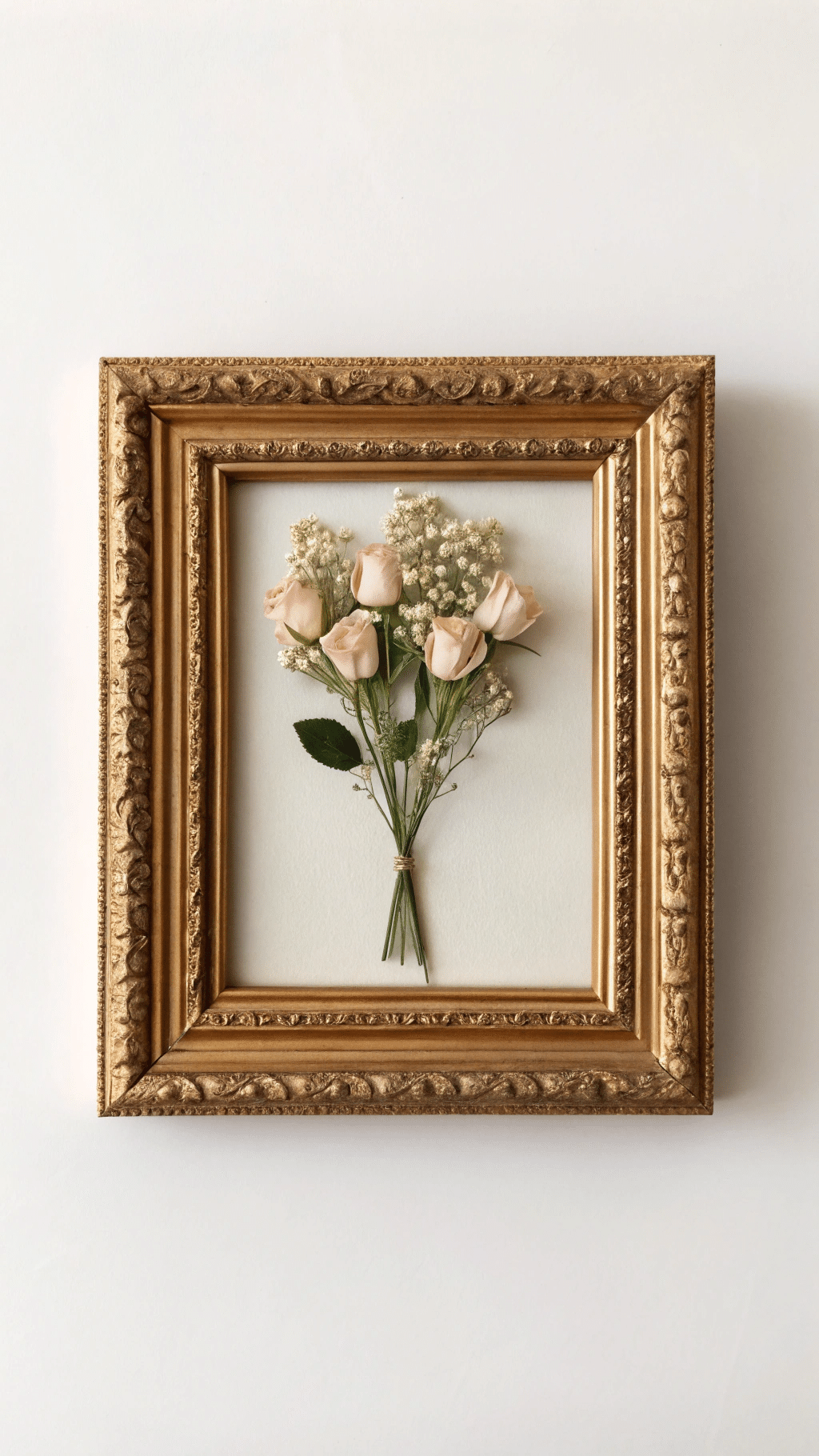 An ornate gold picture frame hung on the wall encases a minimalistic dried flower arrangement. Within the frame, single stems of pale pink roses, faded baby’s breath, and muted green eucalyptus are glued to a soft, off-white backing. The floral arrangement appears elegant and timeless, like preserved art. The frame's antique finish adds a luxurious touch to the simple, sophisticated design.