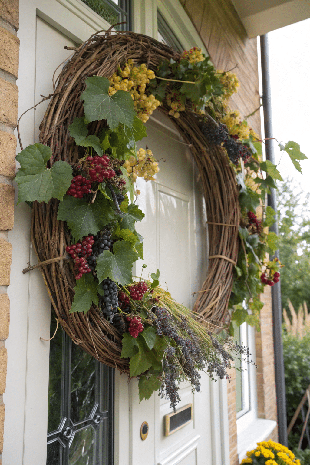 A lush wreath made from a grapevine base, adorned with bundles of dried flowers and straw for extra volume. This wreath is designed to hang on a front door, offering a welcoming touch.