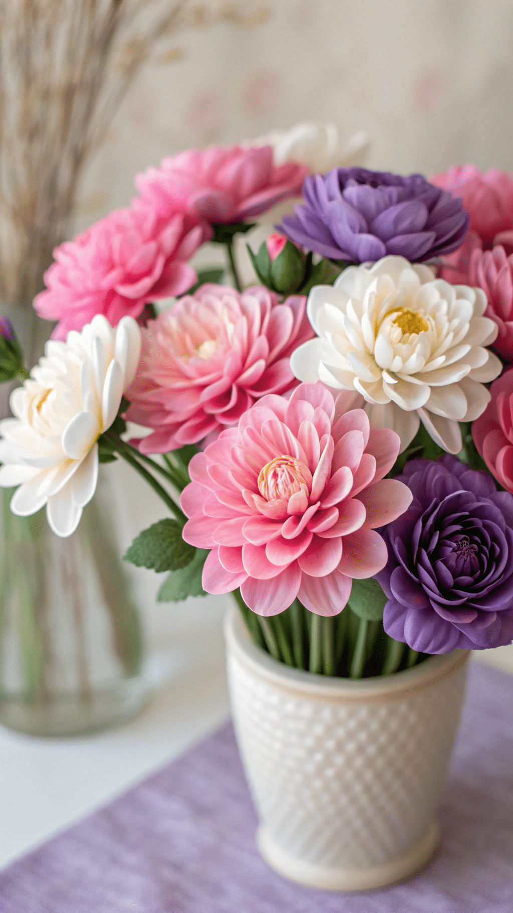 faux blooms in a ceramic flower pot