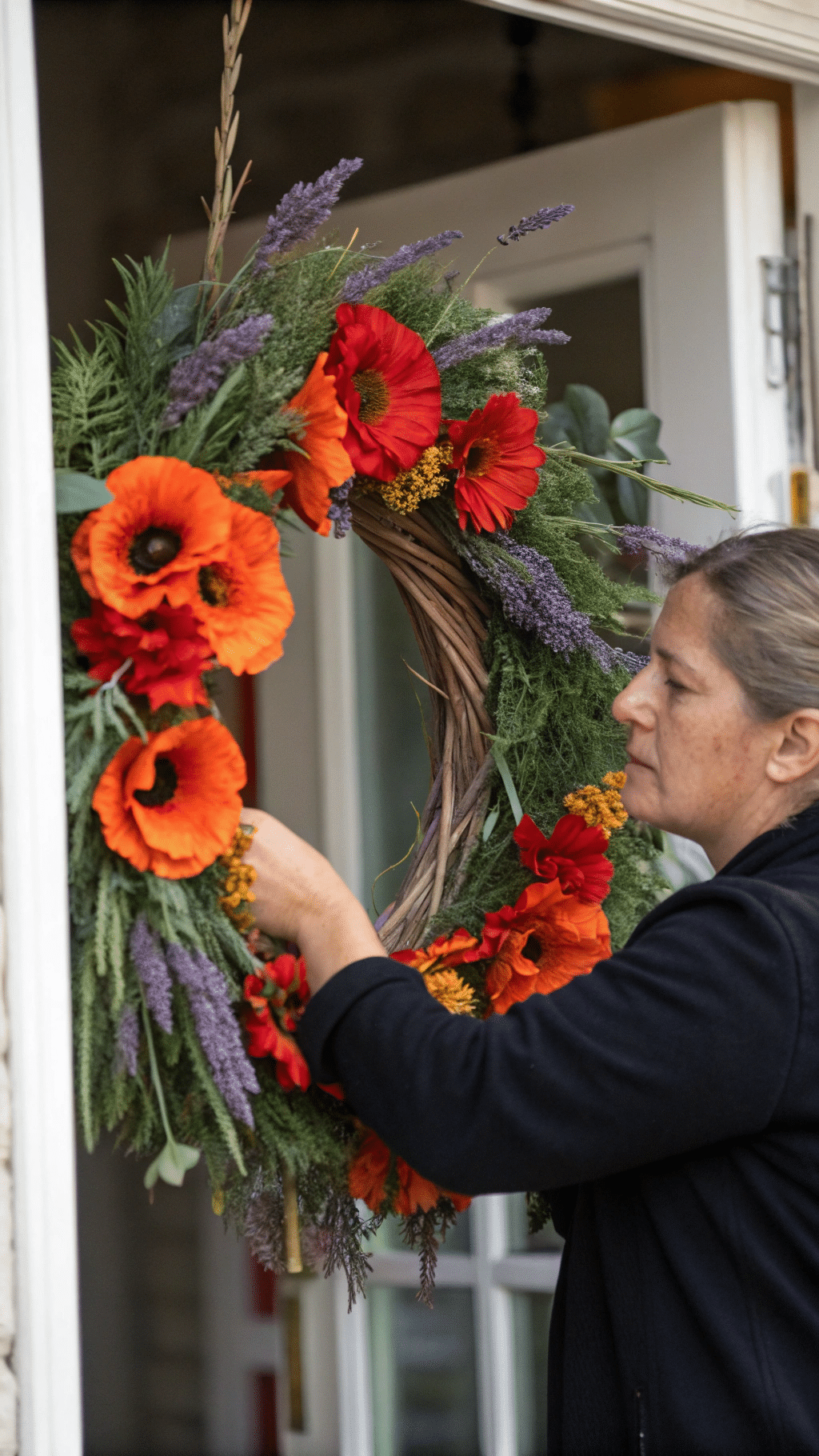 bold dried flower wreath with large orange or red flowers, mixed with simple greenery and lavender. This wreath is designed to hang on a front door, offering a warm welcome to guests.