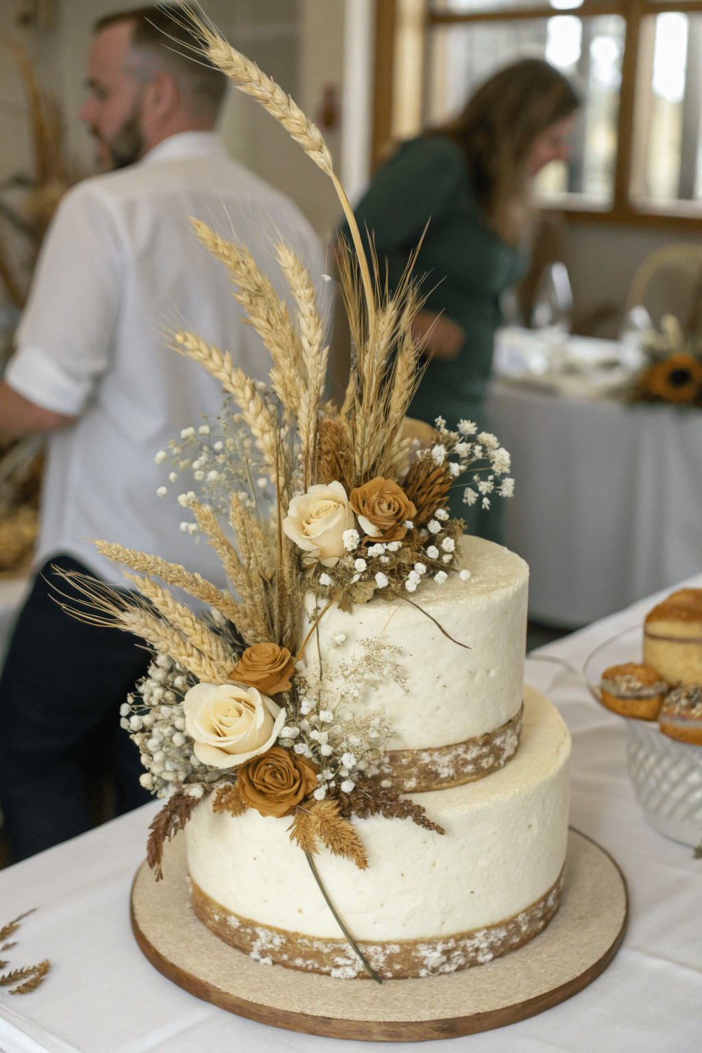 A luxurious cake topper combining golden dried flowers and wheat stems, accented with tiny white or cream flowers. This topper adds warmth and texture, suitable for weddings or special occasions.