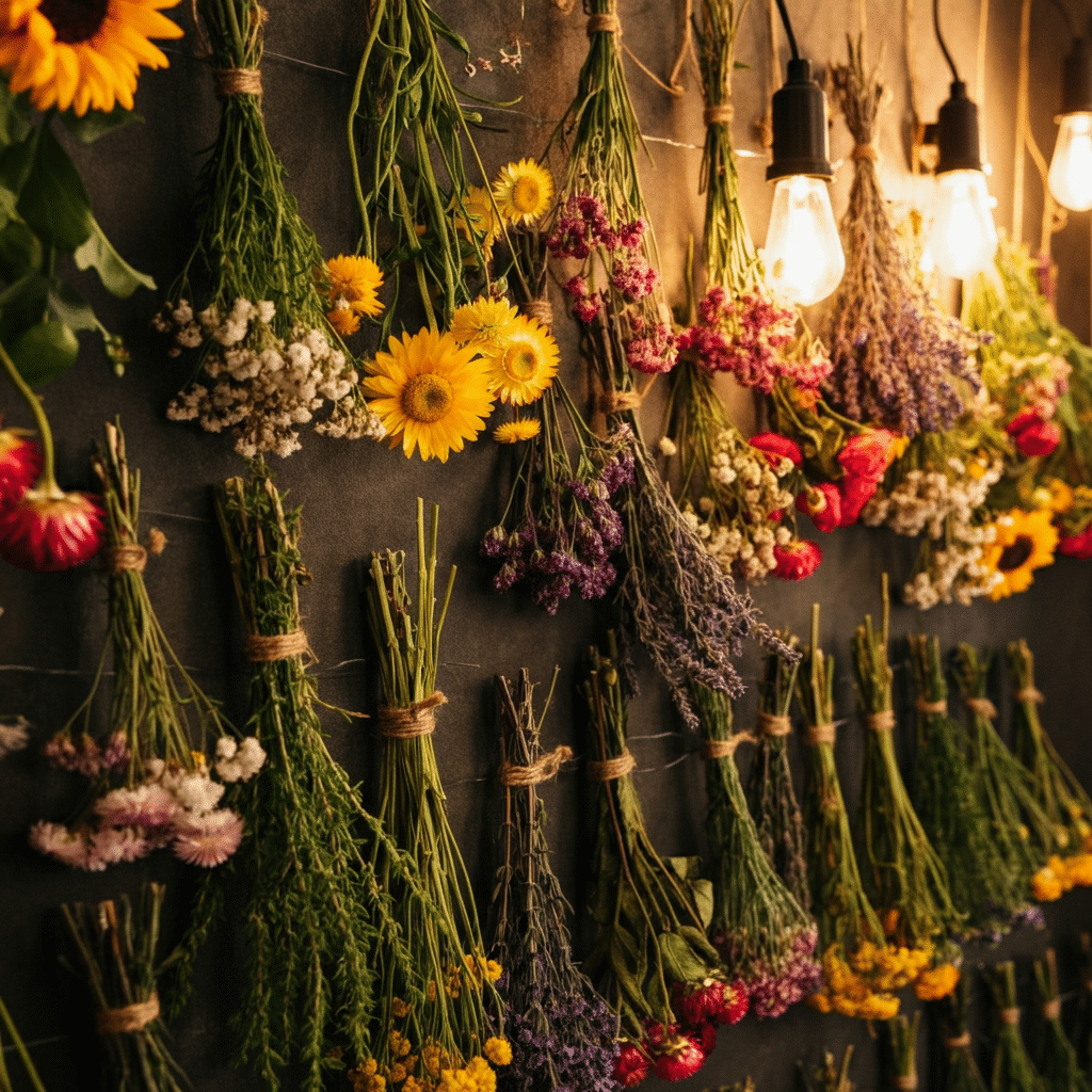 A flower wall decor with fresh and dried flowers.