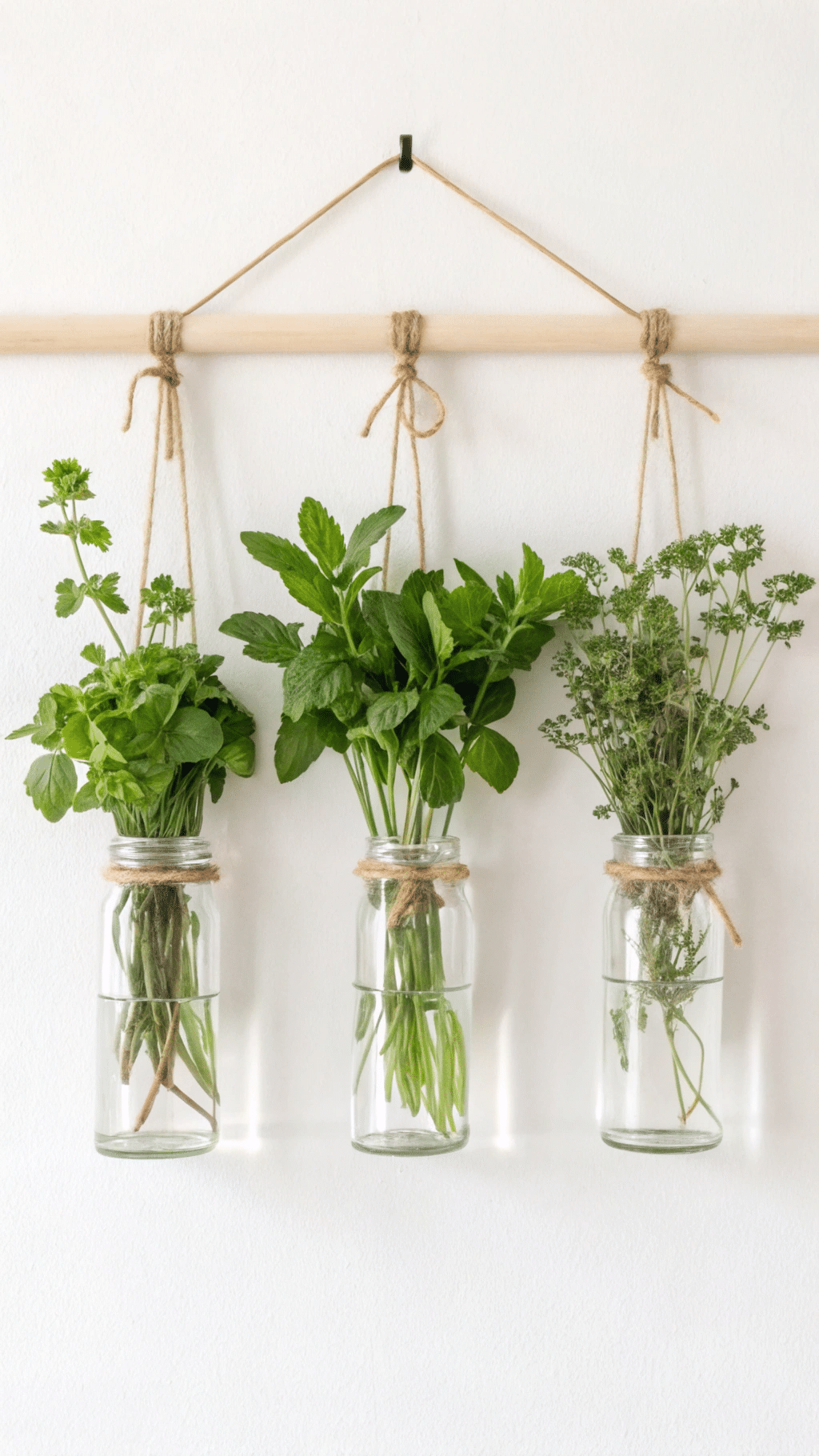 A minimalist yet stylish herb hanging that uses small, clear glass jars as vases. Each jar holds sprigs of fresh herbs like basil, mint, and cilantro, with their stems submerged for preservation. The jars are tied with twine and evenly distributed along a wooden dowel rod. The entire setup hangs against a white wall, with the natural green hues of the herbs contrasting beautifully with the sleek and simple jars.