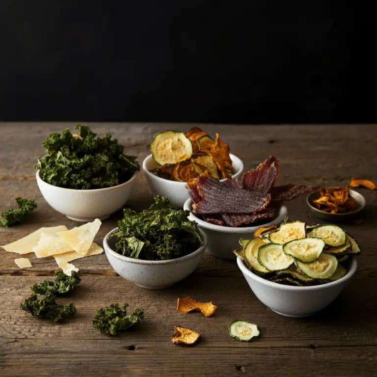 dehydrated food being displayed on awooden table