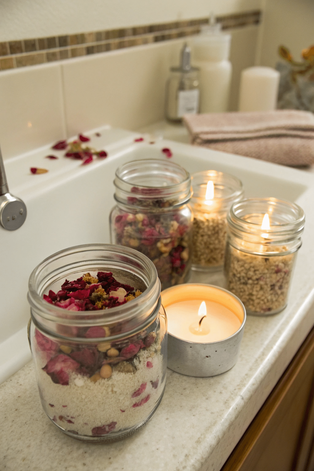 Small mason jars filled with dried petals and grains, paired with a small candle. This setup adds a pop of color and texture to any bathroom shelf or countertop.