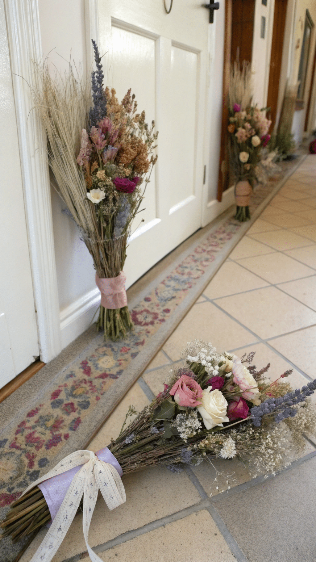 A collection of dried flower bouquets, including a small, round bouquet for a bedroom and a long, wispy one for a hallway. Each bouquet features a unique combination of colors and textures.