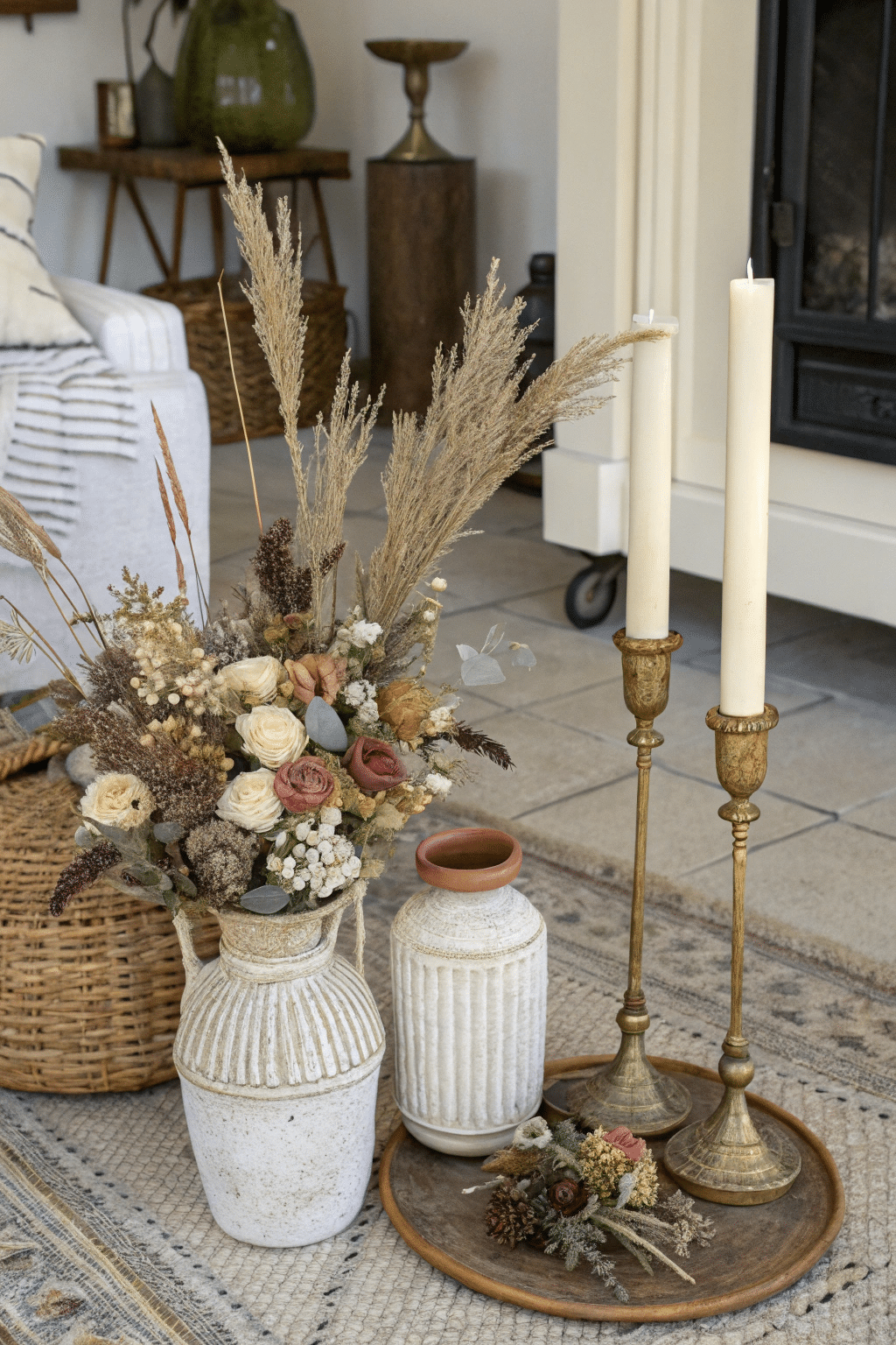 Dried florals paired with ceramic vases, brass candlesticks, and natural fibers, creating an earthy and curated look. This arrangement is ideal for a living room or study.