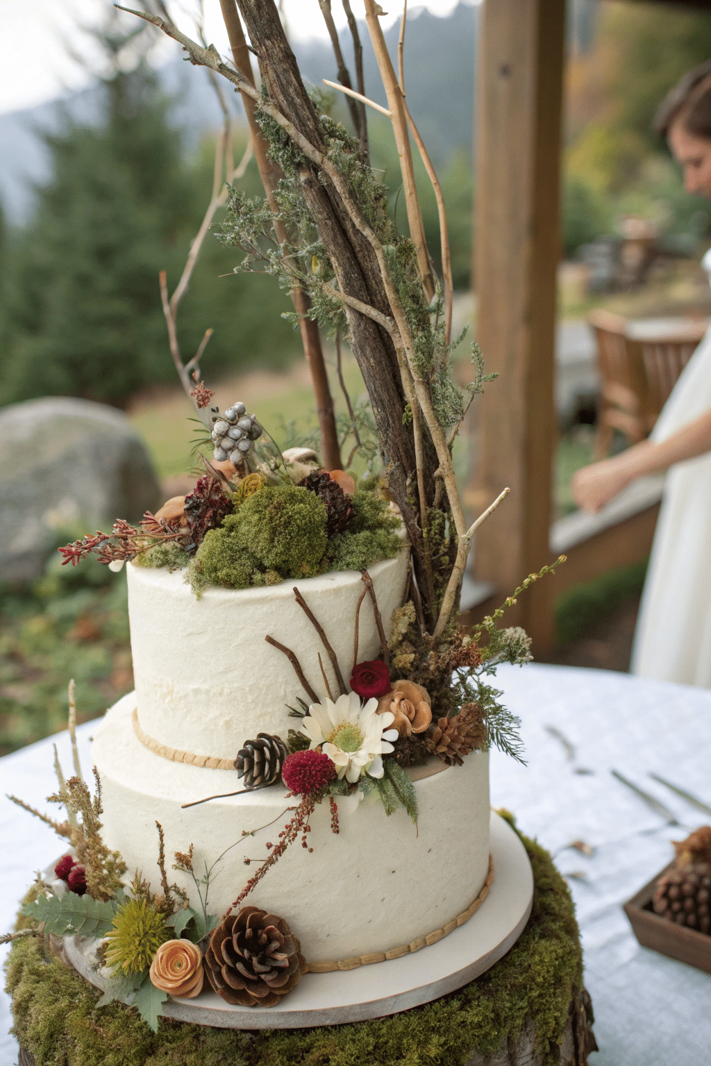 A nature-themed cake topper featuring dried flowers, branches, tiny pinecones, and moss. This design gives the cake a garden-like feel, perfect for outdoor enthusiasts.